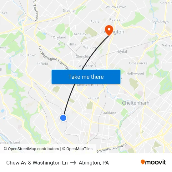 Chew Av & Washington Ln to Abington, PA map