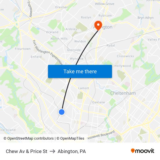 Chew Av & Price St to Abington, PA map
