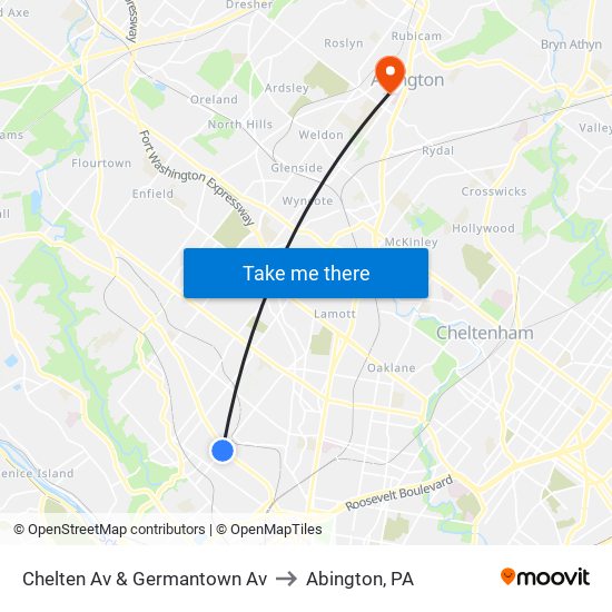 Chelten Av & Germantown Av to Abington, PA map