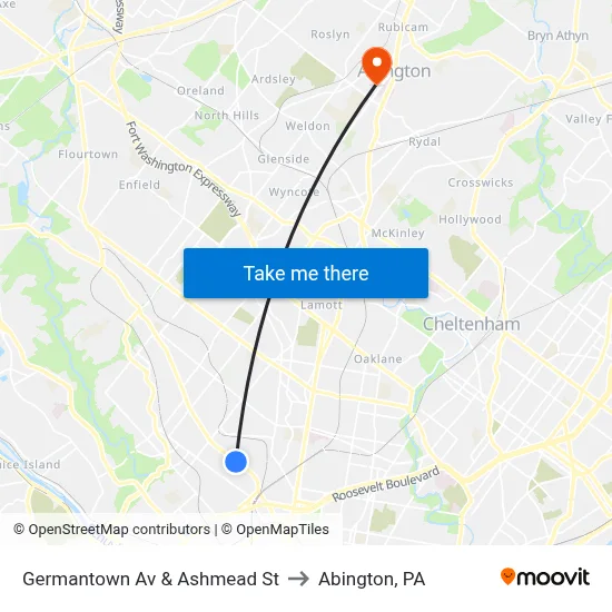 Germantown Av & Ashmead St to Abington, PA map