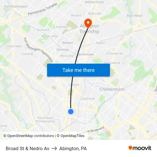 Broad St & Nedro Av to Abington, PA map