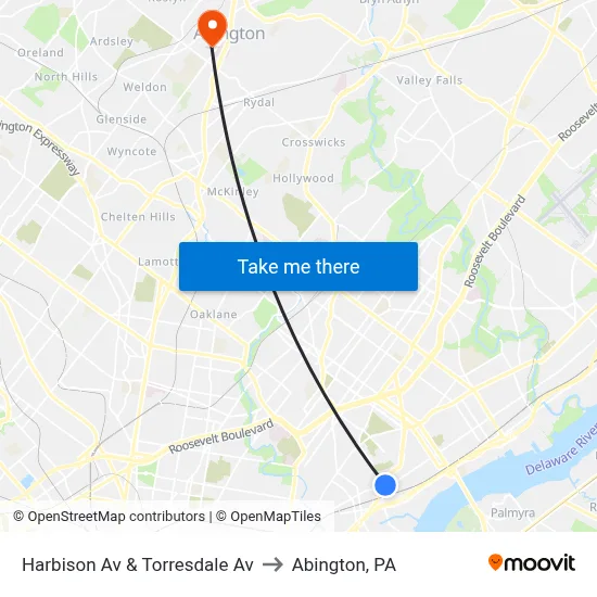 Harbison Av & Torresdale Av to Abington, PA map