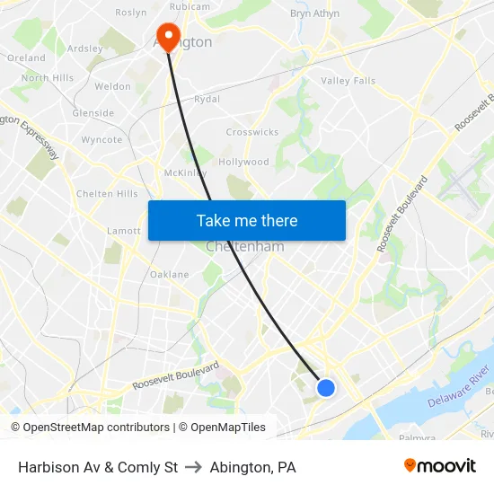 Harbison Av & Comly St to Abington, PA map