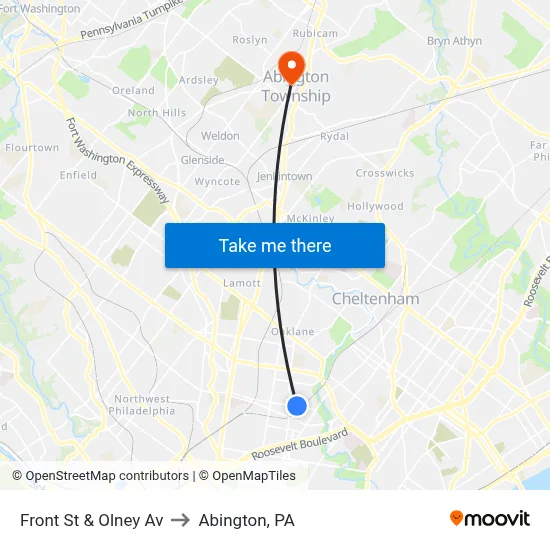 Front St & Olney Av to Abington, PA map