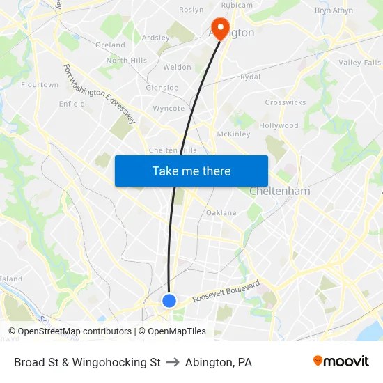 Broad St & Wingohocking St to Abington, PA map