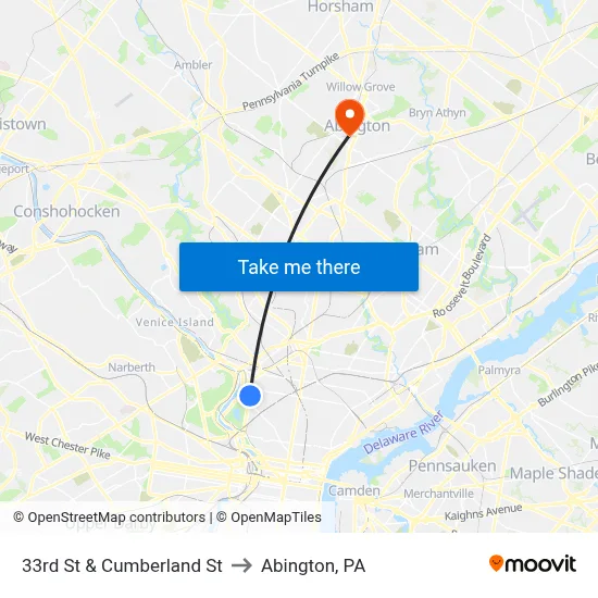 33rd St & Cumberland St to Abington, PA map