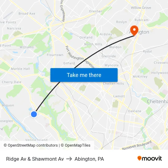 Ridge Av & Shawmont Av to Abington, PA map