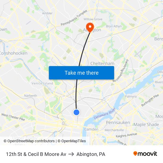 12th St & Cecil B Moore Av to Abington, PA map