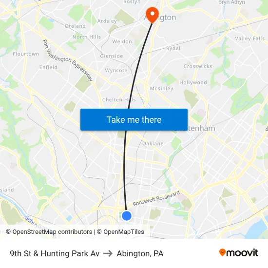 9th St & Hunting Park Av to Abington, PA map