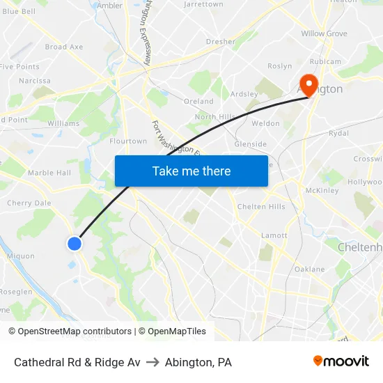 Cathedral Rd & Ridge Av to Abington, PA map
