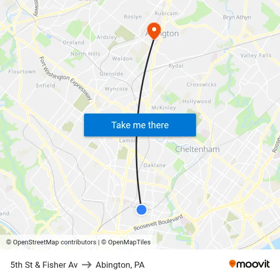 5th St & Fisher Av to Abington, PA map