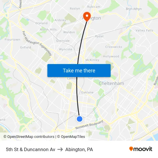 5th St & Duncannon Av to Abington, PA map