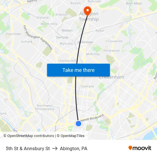 5th St & Annsbury St to Abington, PA map