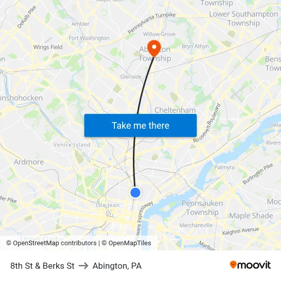 8th St & Berks St to Abington, PA map