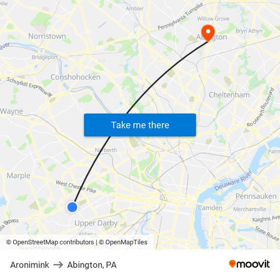 Aronimink to Abington, PA map