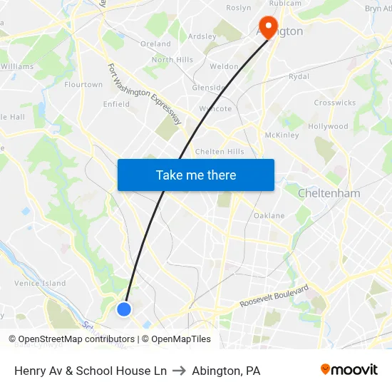 Henry Av & School House Ln to Abington, PA map