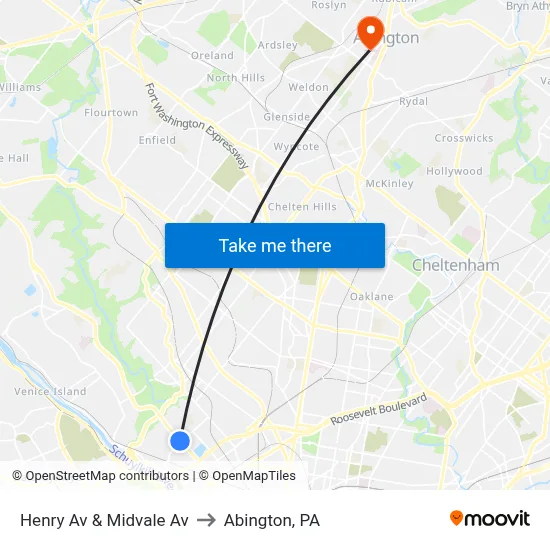 Henry Av & Midvale Av to Abington, PA map
