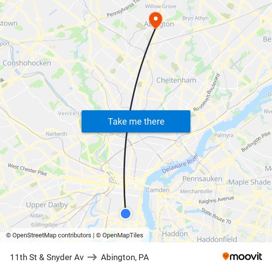11th St & Snyder Av to Abington, PA map