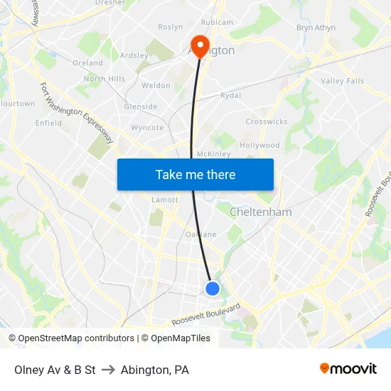 Olney Av & B St to Abington, PA map