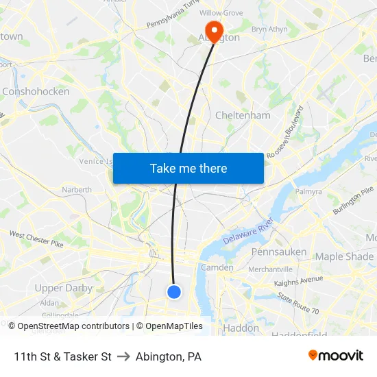 11th St & Tasker St to Abington, PA map