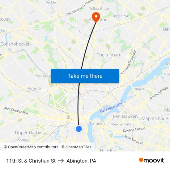 11th St & Christian St to Abington, PA map
