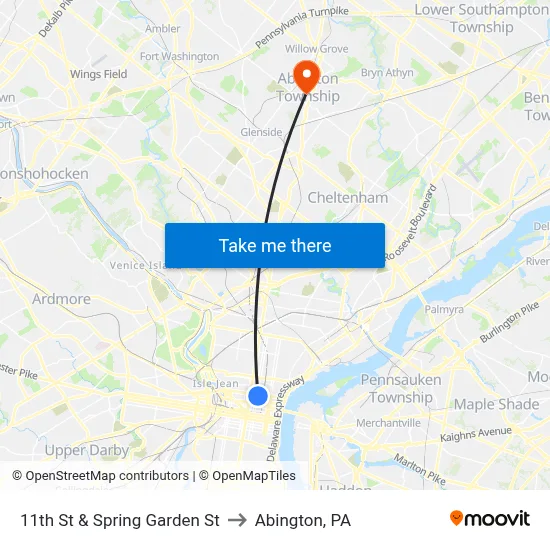 11th St & Spring Garden St to Abington, PA map
