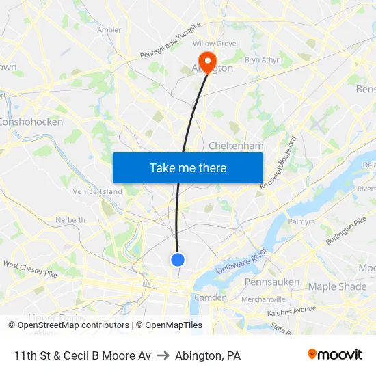 11th St & Cecil B Moore Av to Abington, PA map