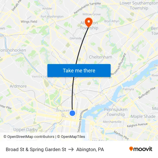 Broad St & Spring Garden St to Abington, PA map