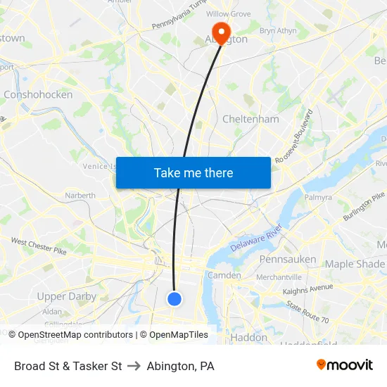 Broad St & Tasker St to Abington, PA map