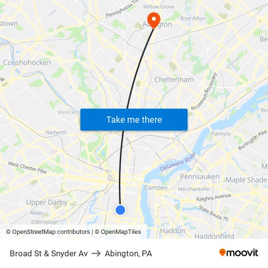 Broad St & Snyder Av to Abington, PA map