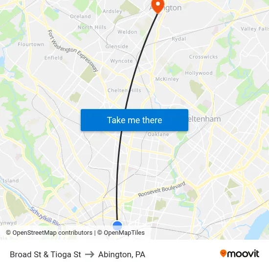 Broad St & Tioga St to Abington, PA map