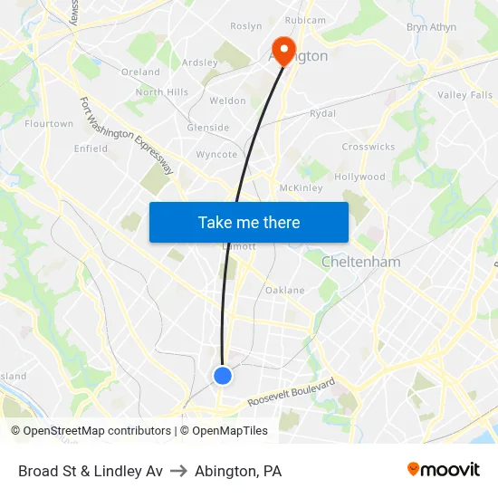 Broad St & Lindley Av to Abington, PA map