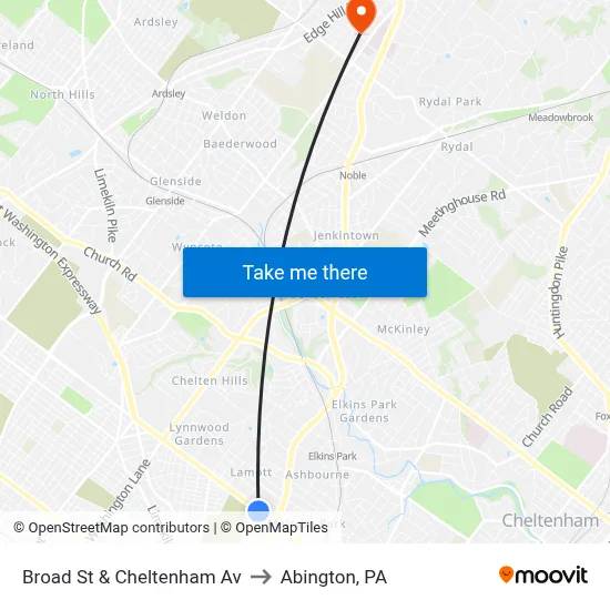 Broad St & Cheltenham Av to Abington, PA map