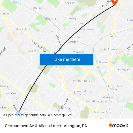 Germantown Av & Allens Ln to Abington, PA map