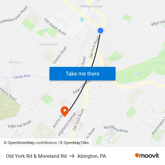 Old York Rd & Moreland Rd to Abington, PA map