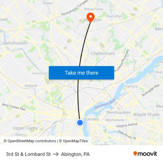 3rd St & Lombard St to Abington, PA map