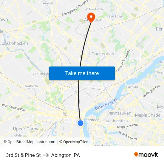 3rd St & Pine St to Abington, PA map