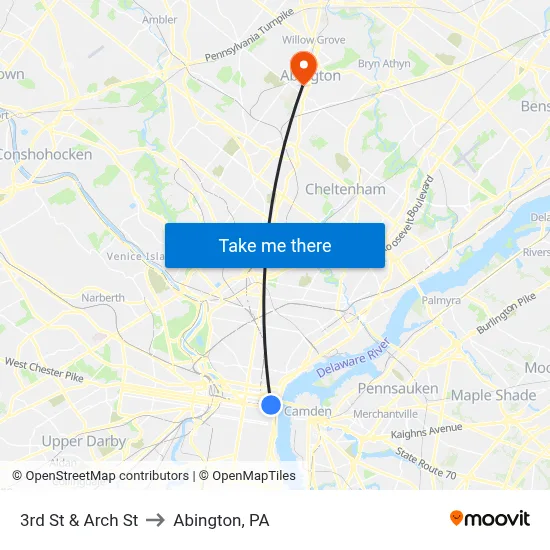 3rd St & Arch St to Abington, PA map