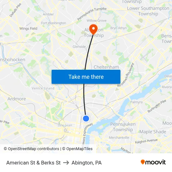 American St & Berks St to Abington, PA map