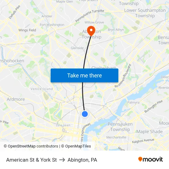 American St & York St to Abington, PA map