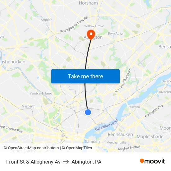 Front St & Allegheny Av to Abington, PA map