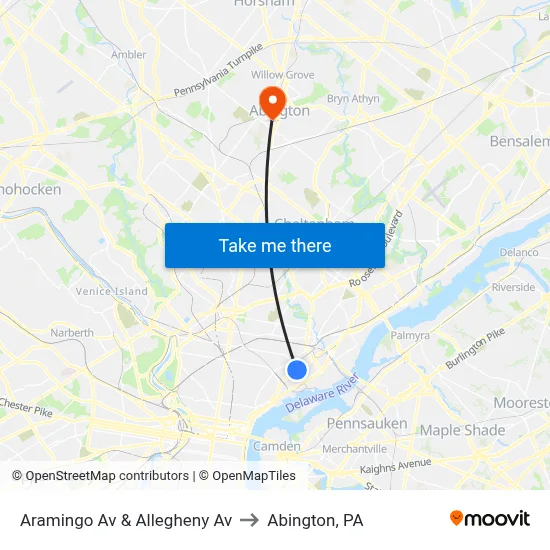 Aramingo Av & Allegheny Av to Abington, PA map