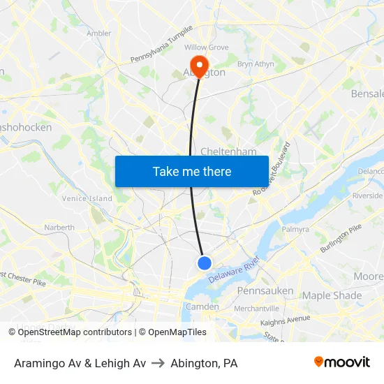Aramingo Av & Lehigh Av to Abington, PA map