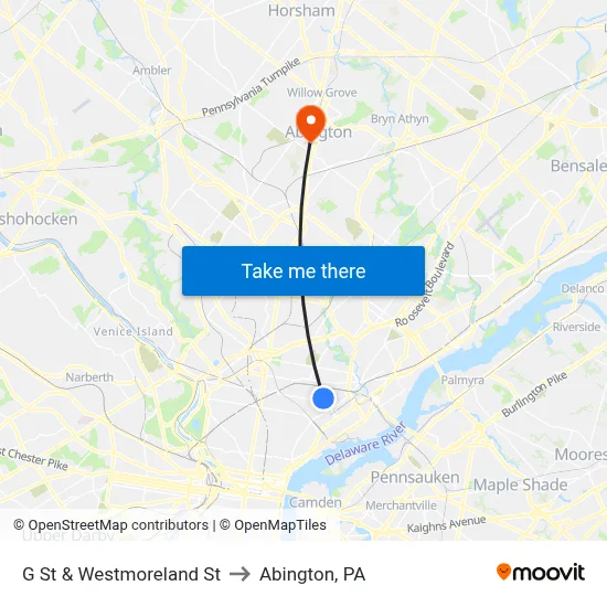 G St & Westmoreland St to Abington, PA map