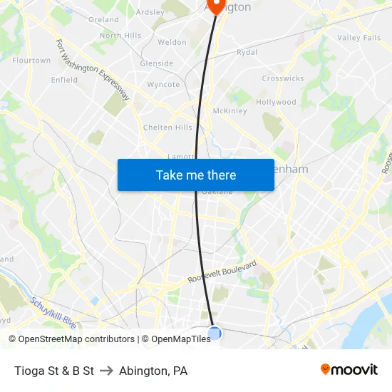 Tioga St & B St to Abington, PA map