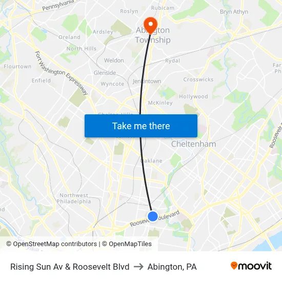 Rising Sun Av & Roosevelt Blvd to Abington, PA map