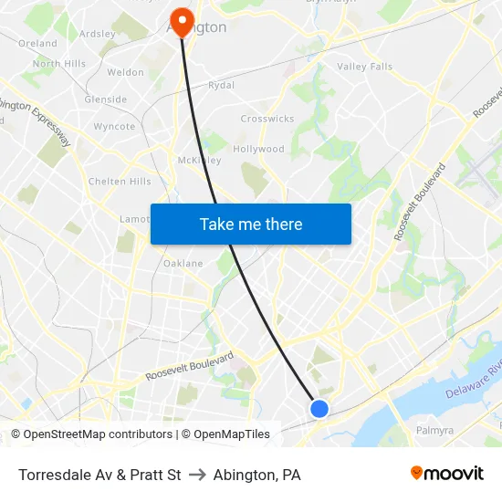 Torresdale Av & Pratt St to Abington, PA map