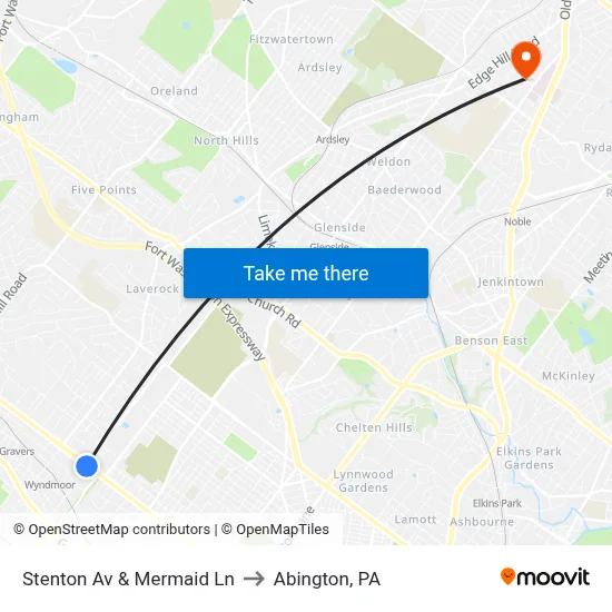 Stenton Av & Mermaid Ln to Abington, PA map