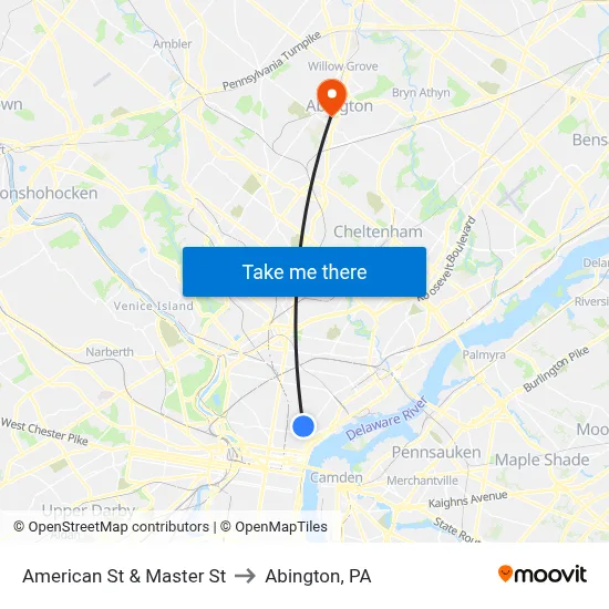 American St & Master St to Abington, PA map