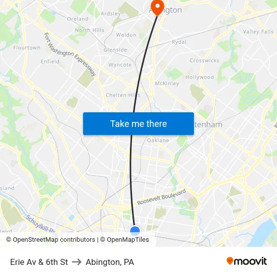 Erie Av & 6th St to Abington, PA map